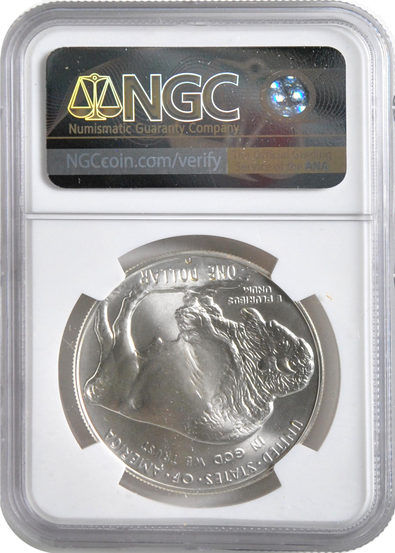 2001 Buffalo Silver Dollar — NGC MS70 slab, back 2001 Buffalo Silver Dollar NGC MS70 signed by Michael Gaudioso — reverse of slab